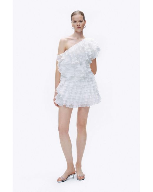 Nocturne White Ecru Mini Dress With Layered Ruffle Details