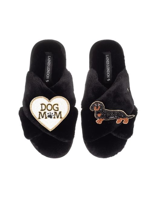 Laines London Black Classic Laines Slippers With Dog Mum/Mom & & Tan Dachshund Brooches