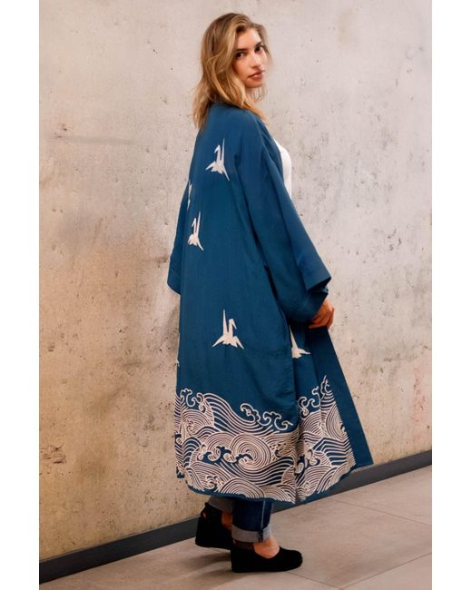 Artemis Muse Blue Origami & Hokusai Wave Embroidered Fully Lined Deep Long Kimono