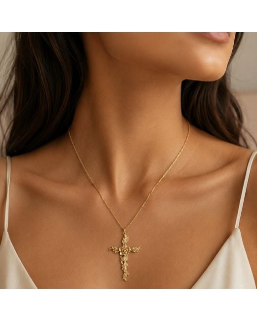 Unaloe Metallic Antique Leaf Cross Necklace Vermeil – Plated Vintage Cross Pendant – Luxury Jewelry
