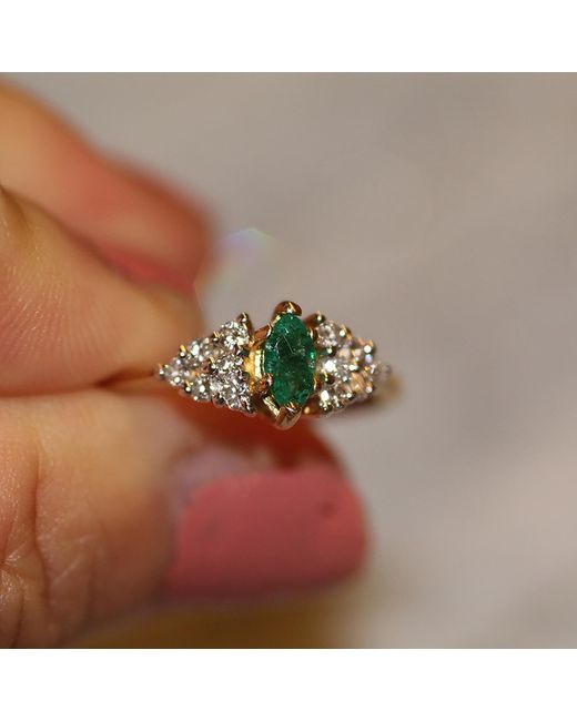 VicStoneNYC Fine Jewelry Metallic Natural Emerald And Diamond Antique Yellow Ring