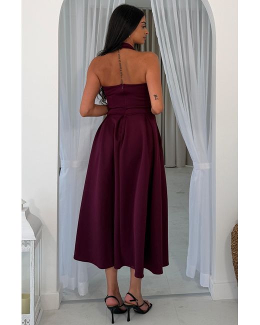 Girl In Mind Purple Briar Halterneck Pleated Skirt Midi Dress Plum