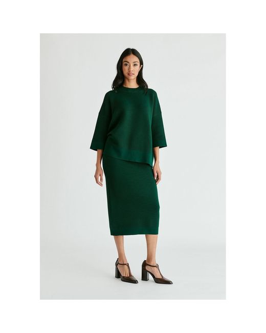Paisie Green Mock Neck Cropped Sleeve Ribbed Jumper