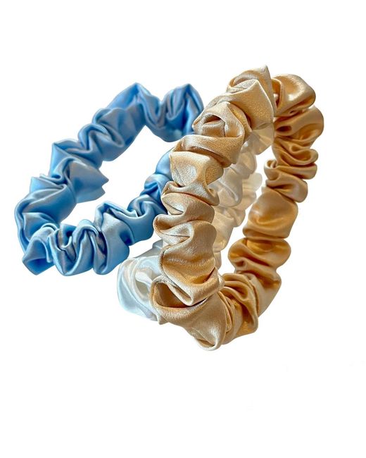 Soft Strokes Silk Blue Set Of Three Pure Mulberry Silk Mini Scrunchie Weekly Special Hair Ties Daisy Dreams