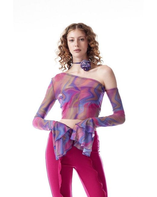 No'design Pink Sheer Crop Top With Ruffled Sleeves