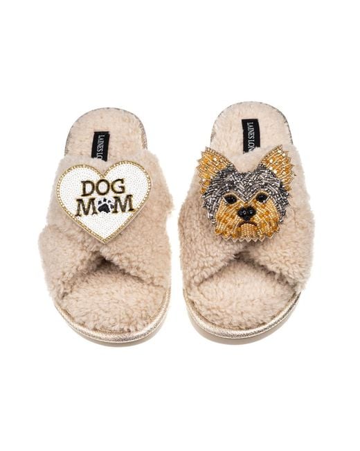 Laines London Natural Neutrals Laines Neutral Boucle Slippers With Minnie Yorkie & Dog Mum Mom Brooches