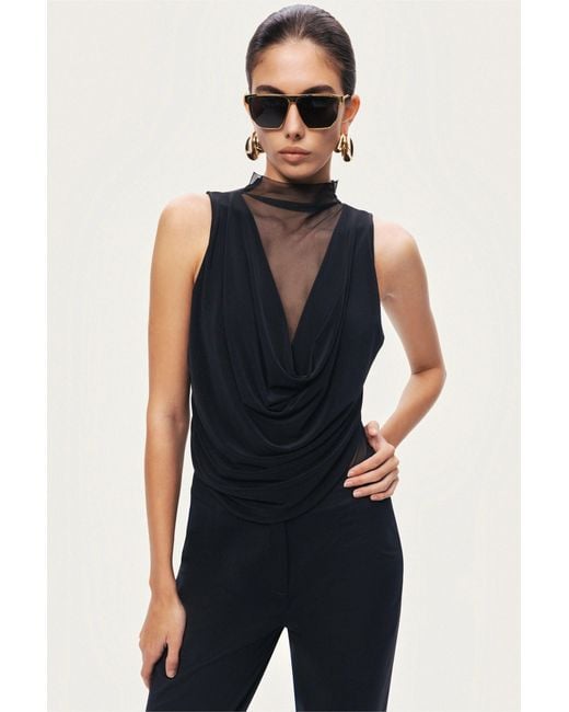 Nocturne Black Draped Mesh-Panel Bodysuit