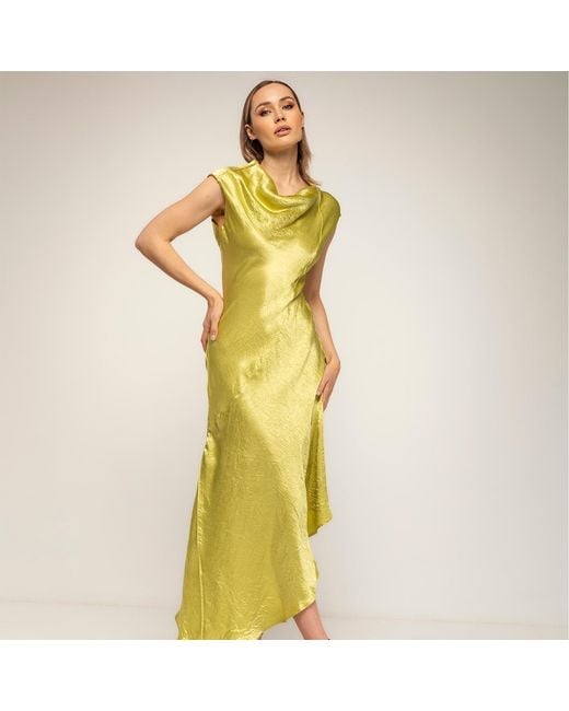 Tantra Spain Sl Yellow Midi Dress With A Silk-Textured Boat Neckline And An Asymmetrical Hem