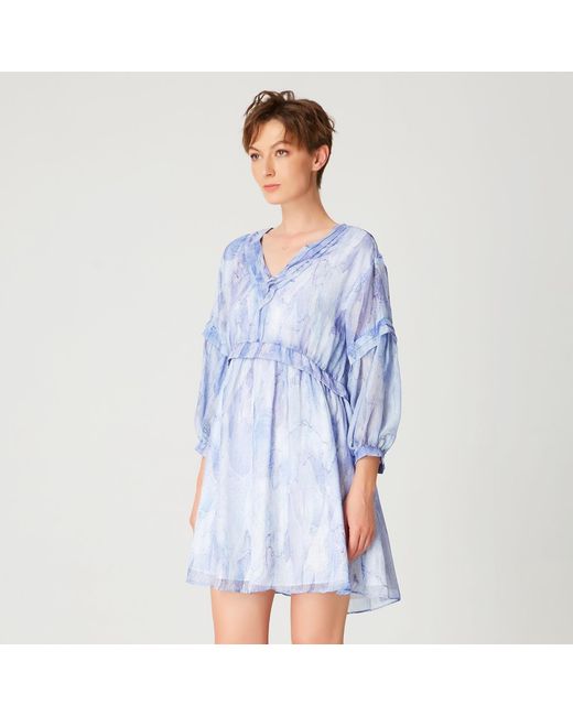 Smart and Joy Blue Short Trapeze Chiffon Dress With Abstract Print