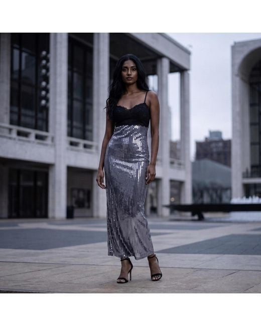 Modenaire Purple Sequin Maxi Dress With Lace Bustier Top And Strappy Open Back Detail