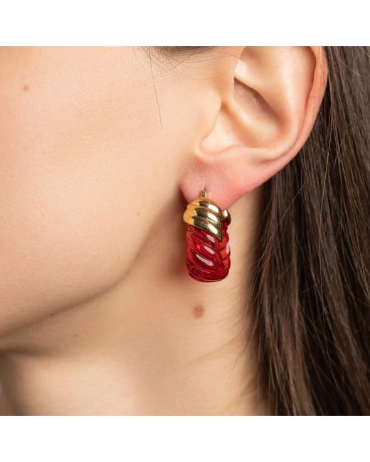 Gold & Honey Red Ruby Rope Shrimp Lucite Birthstone Hoop Earrings