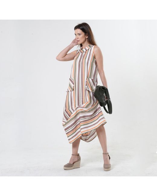 Metamorph Multicolor Colorful Striped Linen Midi Dress