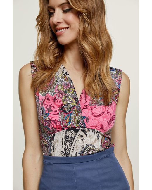 Conquista Purple Print Fuchsia V Neck Jersey Top