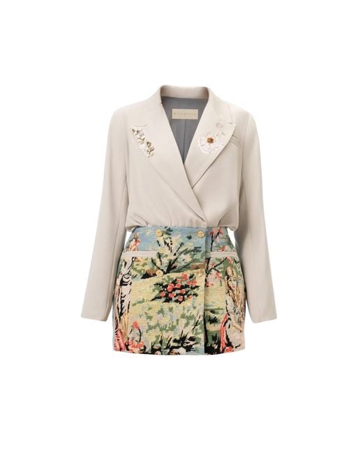 Rondooz White Hand Painted Crepe Wrap Midi Dress With Antique French Gobelin Tapestry & Hand Applied Embellishment