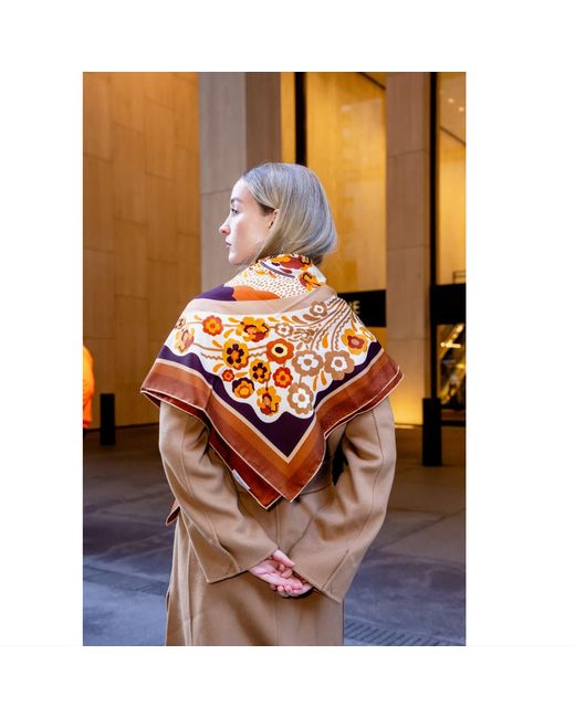 Jessie Zhao New York Metallic Neutrals Double Sided Wool Silk Scarf Of Leopards With Floral Fountain