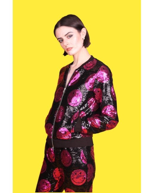 Any Old Iron Pink Smiley Sequin Bomber Jacket