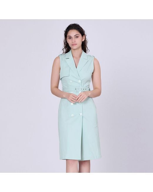 Smart and Joy Blue Double Breasted Trench Style Sleeveless Dress