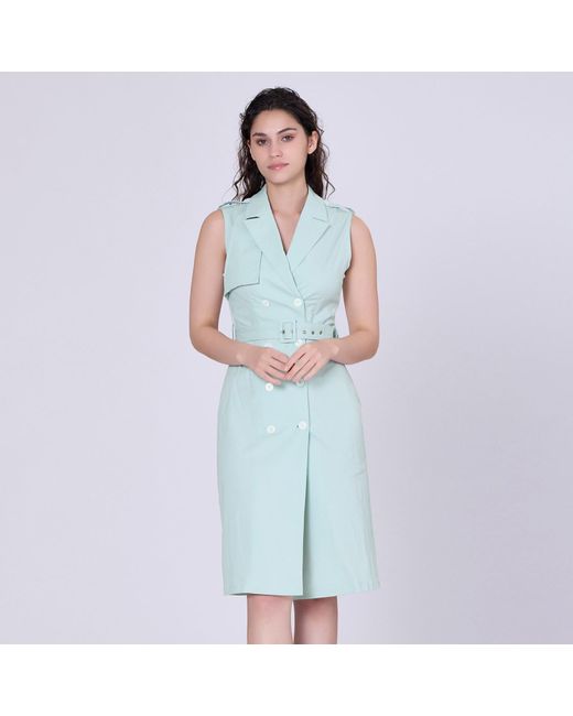 Smart and Joy Blue Double Breasted Trench Style Sleeveless Dress