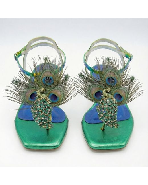 Sibylla Delphica Green Argus & Hera -Peacock Feathers Jeweled Leather Sandals