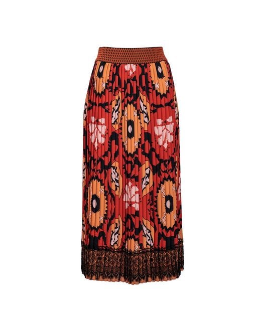 Lalipop Design Red Maxi Pleated Skirt With Guipure Lace At The Hem