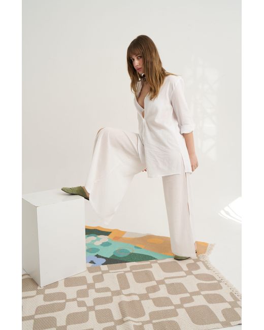 Unexpectedone White Shades Of Shirt Matching Soul Mate Side Slit Slim Trousers Set
