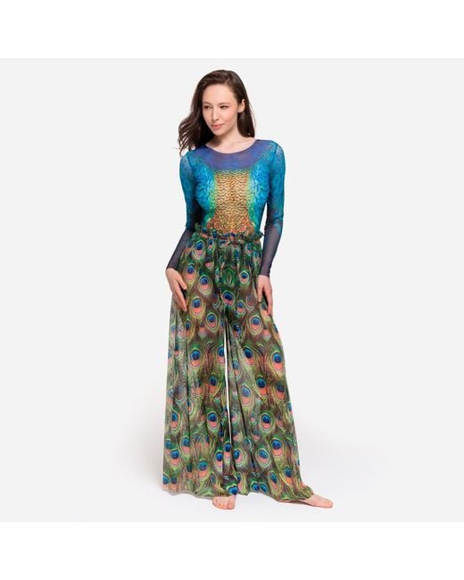 Rodasoleil Smart Swimwear Blue Tan-Through Mesh One-Piece Swimsuit With Sleeves Peacock Mayura