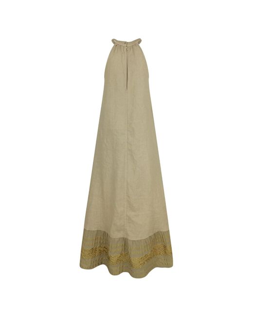 Haris Cotton Green Neutrals Halter Neck Maxi Linen Dress With Embroidered Cotton Panels