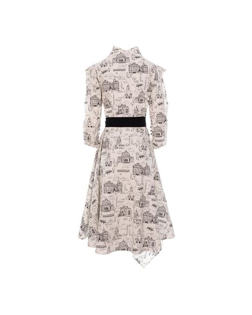 Larisa Dragna Gray Kimono-Collar Dress Featuring Romania's Iconic Buildings