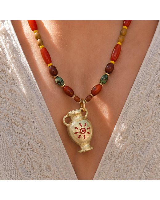 Ormiro Metallic Sunkeeper Amphora Carnelian Beaded Necklace