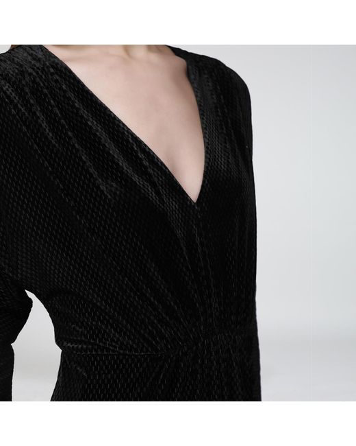 Smart and Joy Black Textured Velvet V-Neck Maxi Dress