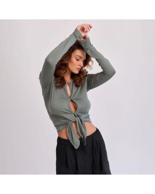 Mandragora Green Khaki Viscose Top With Woven Openings