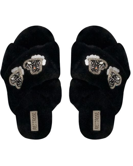 Rettrose Black Katie Luxury Plush Diamanté Heart Embellished Handmade Slipper