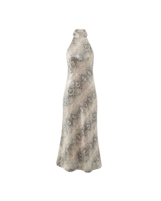 Aisl Natural Snakeskin Sequin Halter Maxi Dress With Scarf