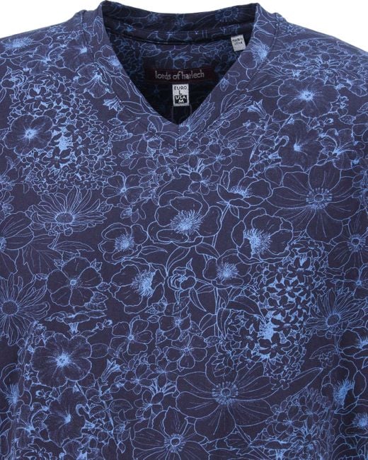 Lords of Harlech Blue Maze Outline Floral V-Neck Tee for men