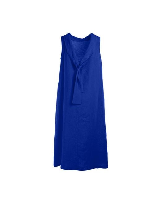 Haris Cotton Blue Midi Back Tie Linen Dress