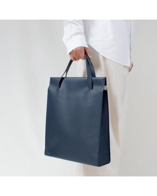 godi. Blue Handmade Adjustable Leather Tote Bag for men