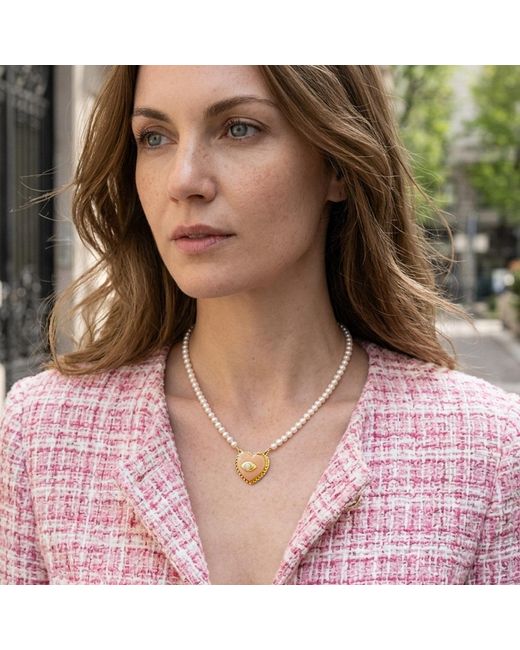 Vintouch Italy Metallic Evil Eye Heart Necklace With Pearls