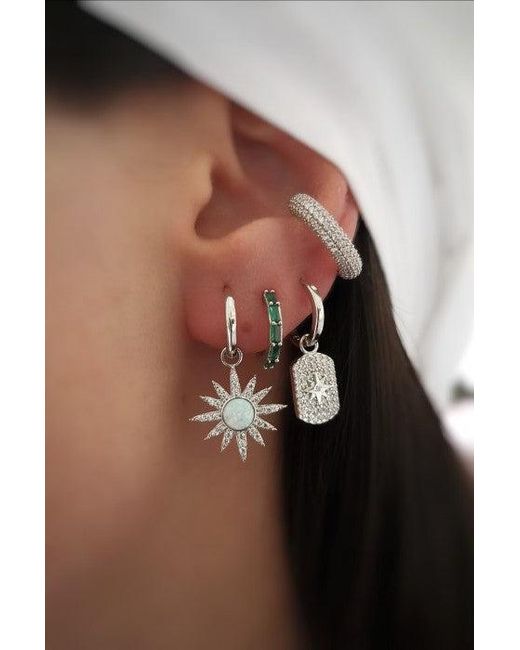 Spero London Pink Drop Hoop Sun White Opal Earring Sterling Silver