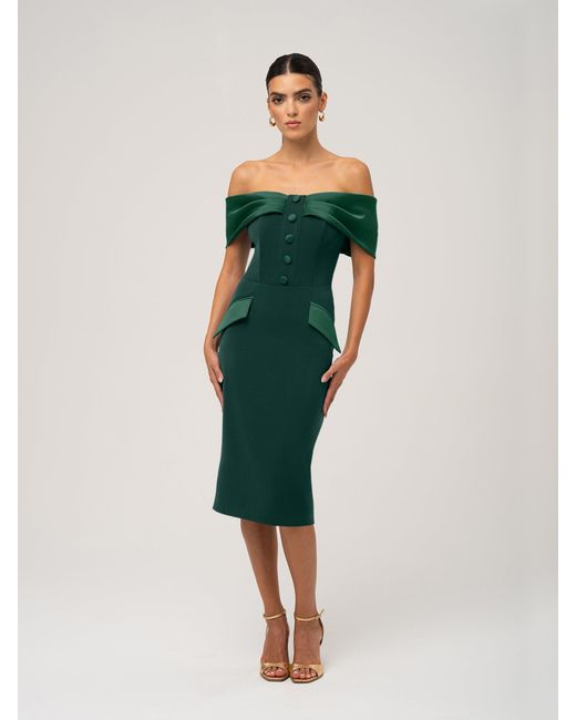Tia Dorraine Green Steel Confidence Off-Shoulder Midi Dress, Dark