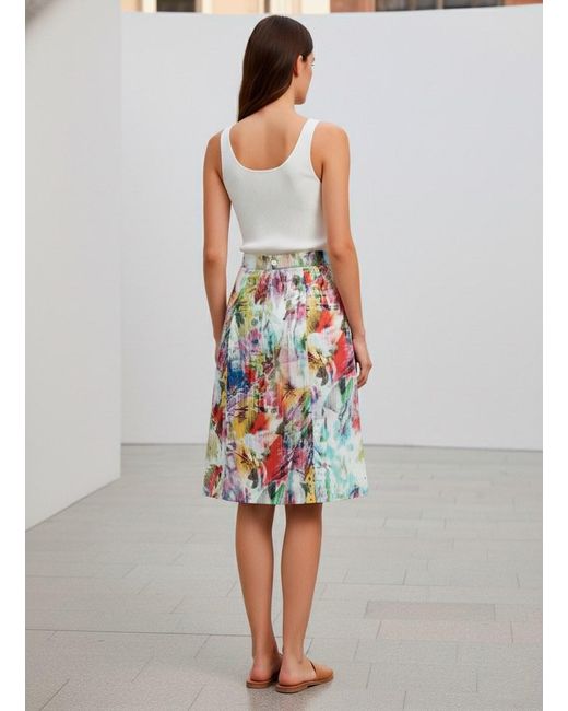 Conquista White A-Line Midi Skirt With Vibrant Abstract Print