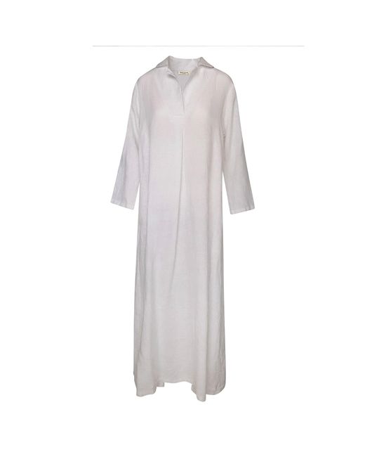 Haris Cotton White Maxi Linen Dress With Front Pleat And Lapels