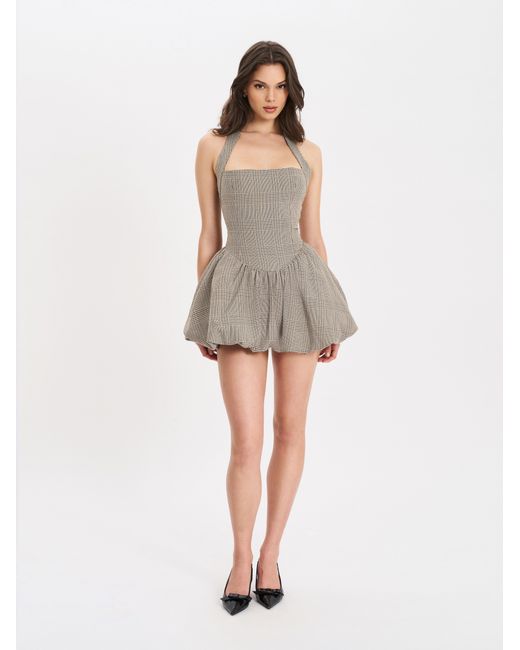 Miss Circle New York Gray Neutrals Dacia Plaid Halter Lace-Up Bubble Mini Dress