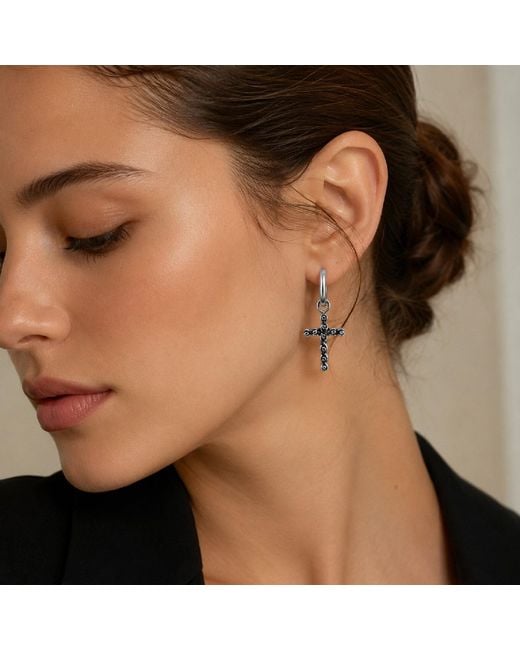 Unaloe Metallic Sterling Cross Hoop Earrings – Rose Detail Drop Design – Handmade Italian Jewelry For