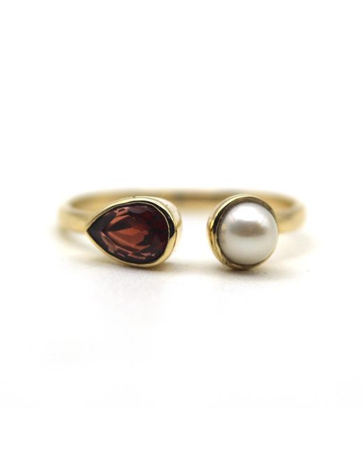 VicStoneNYC Fine Jewelry Metallic Garnet And Pearl Open Cuff Ring