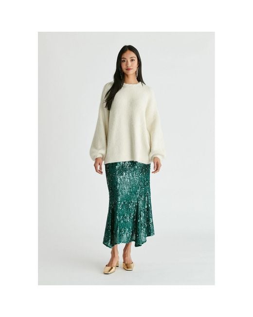 Paisie White Balloon Sleeves Jumper With Cable Details