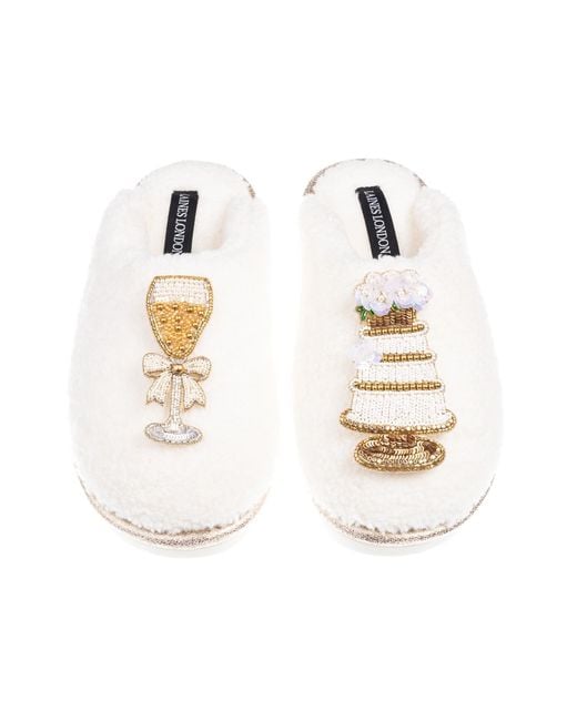 Laines London White Neutrals Teddy Closed Toe Slippers With Champers & Wedding Cake Brooches