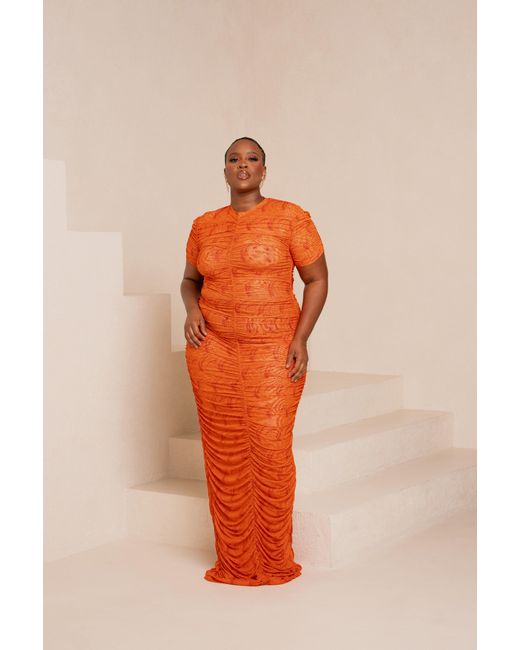 Ofuure Red Iza Ruched Maxi Mesh Dress