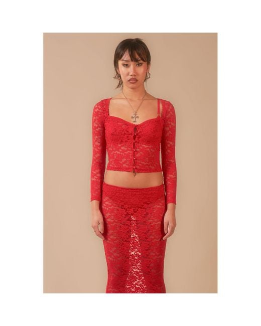 Elsie & Fred Red Sonja Lace Sheer Long Sleeve Button Top