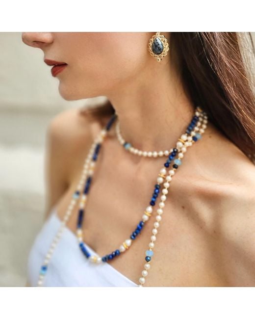 Farra Blue Lapis With Freshwater Pearls Matinee Length Necklace