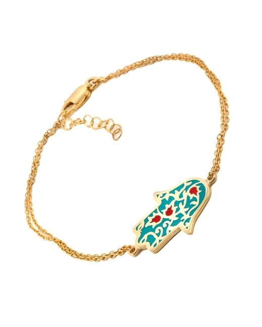 Ebru Jewelry Metallic Enamel Floral Hamsa Hand Vermeil Chain Bracelet